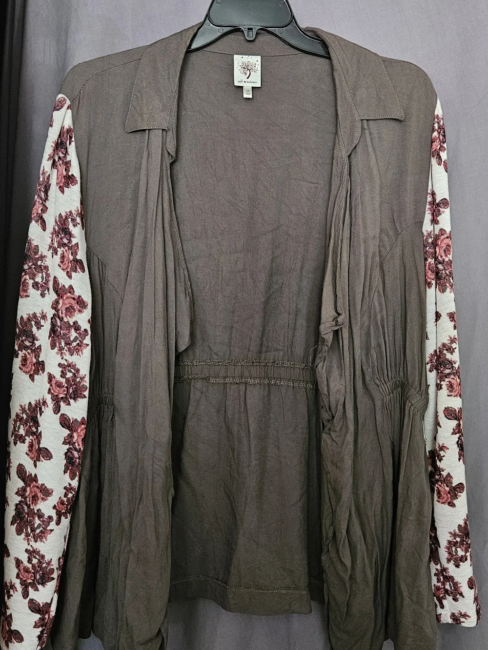 Self Esteem Taupe Open-Front Dress Jacket with Rose Floral Sleeves